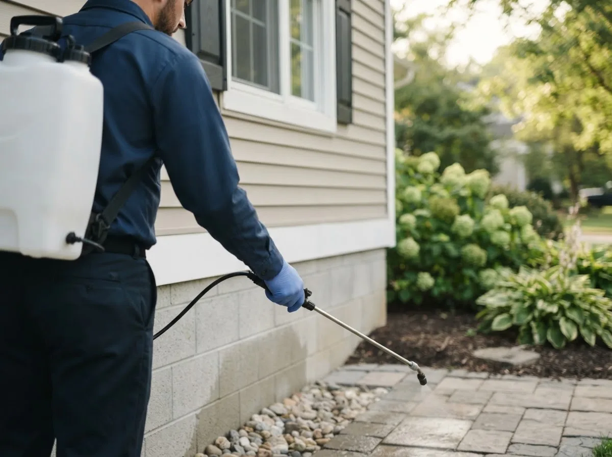 Pest control technician inspecting a home in Ellis Grove, IL